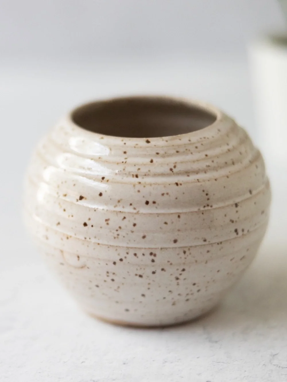 Signed handmade studio pottery pin flower frog ikebana round beige speckled pot